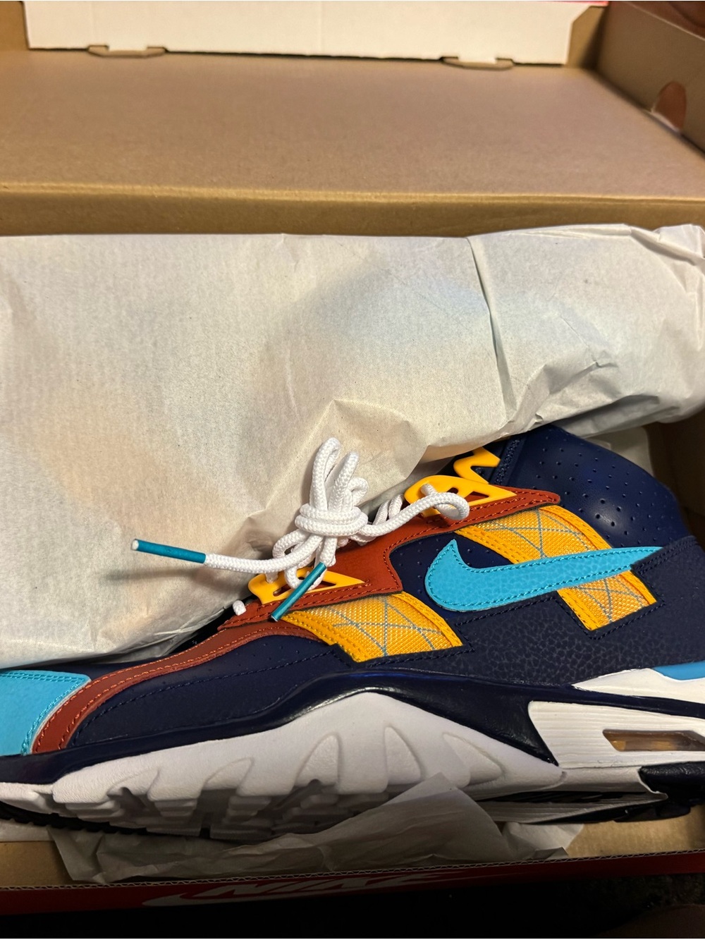 Nike Men's Athletic Shoes in Navy, Yellow & Light Blue with Brown Accents